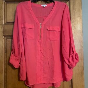 Cato Vibrant Pink V-Neck Blouse with Zipper